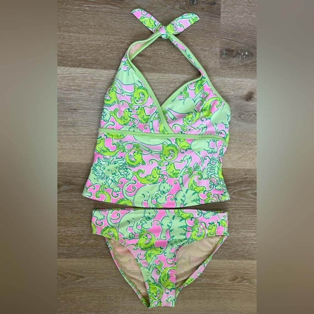 Lilly Pulitzer Swimsuit Fried Catfish Tankini 2 Piece Halter Top Green Pink Sz 2